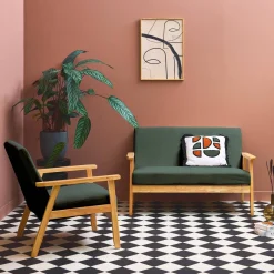 2-Sitzer-Banksofa + Sessel aus Cord-Bezug, Holzbeine