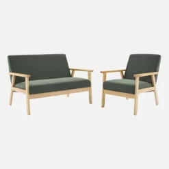 2-Sitzer-Banksofa + Sessel aus Cord-Bezug, Holzbeine