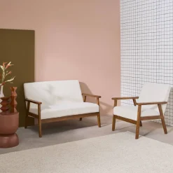 2-Sitzer-Banksofa und Sessel mit Bouclé-Stoff, Füße in nussbaumfarben hell