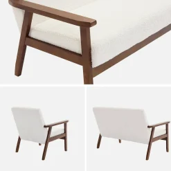 2-Sitzer-Banksofa und Sessel mit Bouclé-Stoff, Füße in nussbaumfarben hell