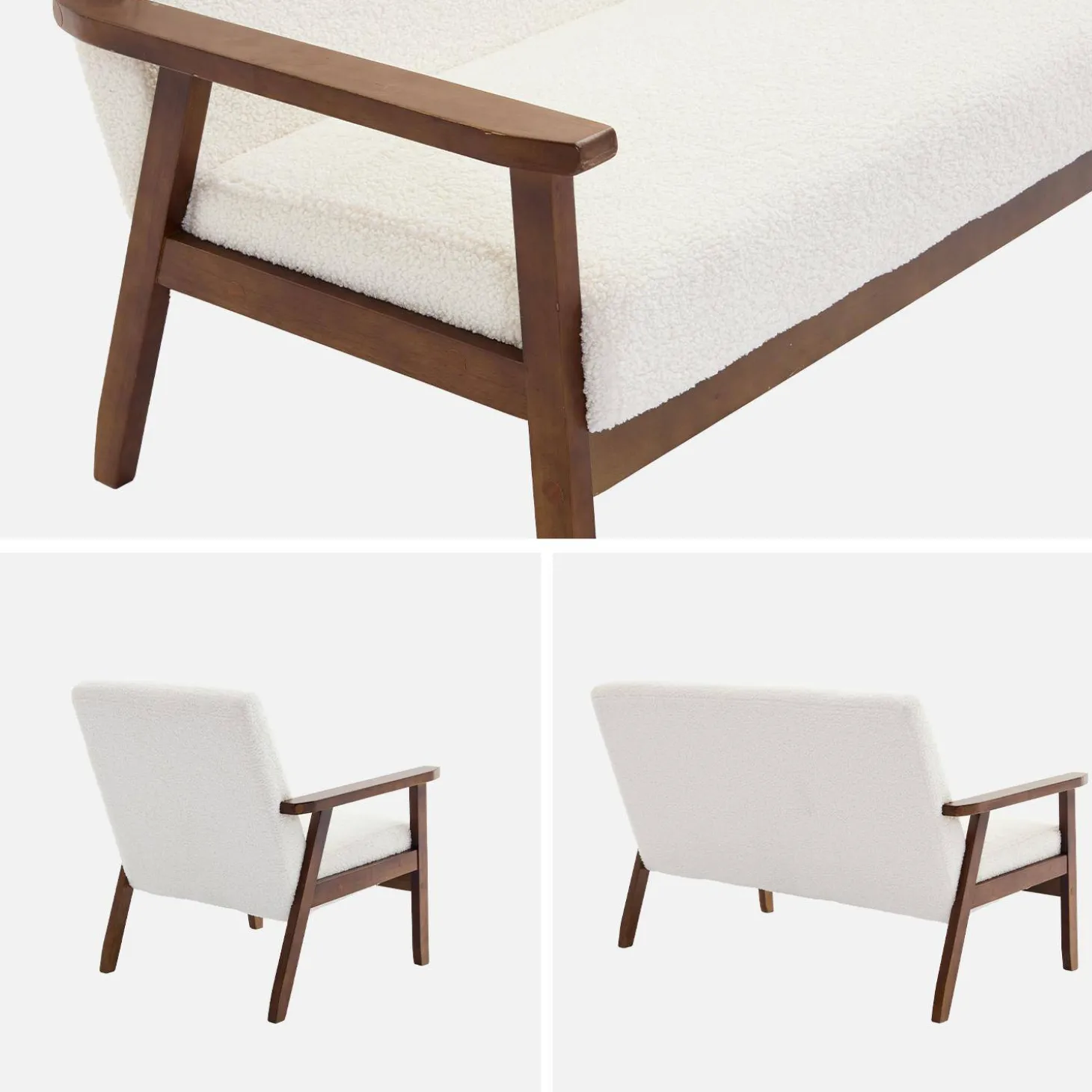 2-Sitzer-Banksofa und Sessel mit Bouclé-Stoff, Füße in nussbaumfarben hell