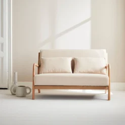 2-Sitzer Design-Sitzbank aus Holz mit Stoffbezug