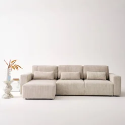 5-Sitzer Ecksofa mit Cordbezug und Schlaffunktion, Recamiere beidseitig montierbar