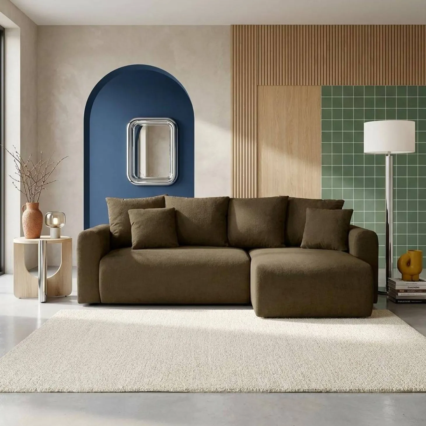 3-Sitzer Ecksofa mit Schlaffunktion und Chenille-Bezug, Recamiere beidseitig montierbar