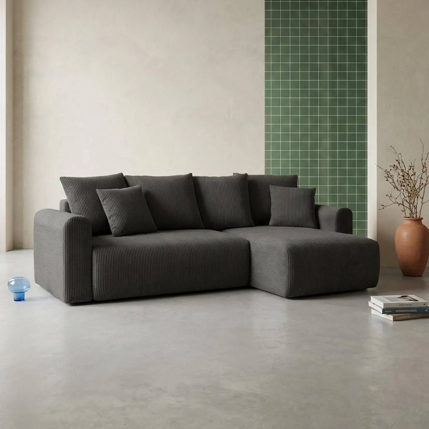 3-Sitzer Ecksofa mit Schlaffunktion und Cordbezug, Recamiere beidseitig montierbar