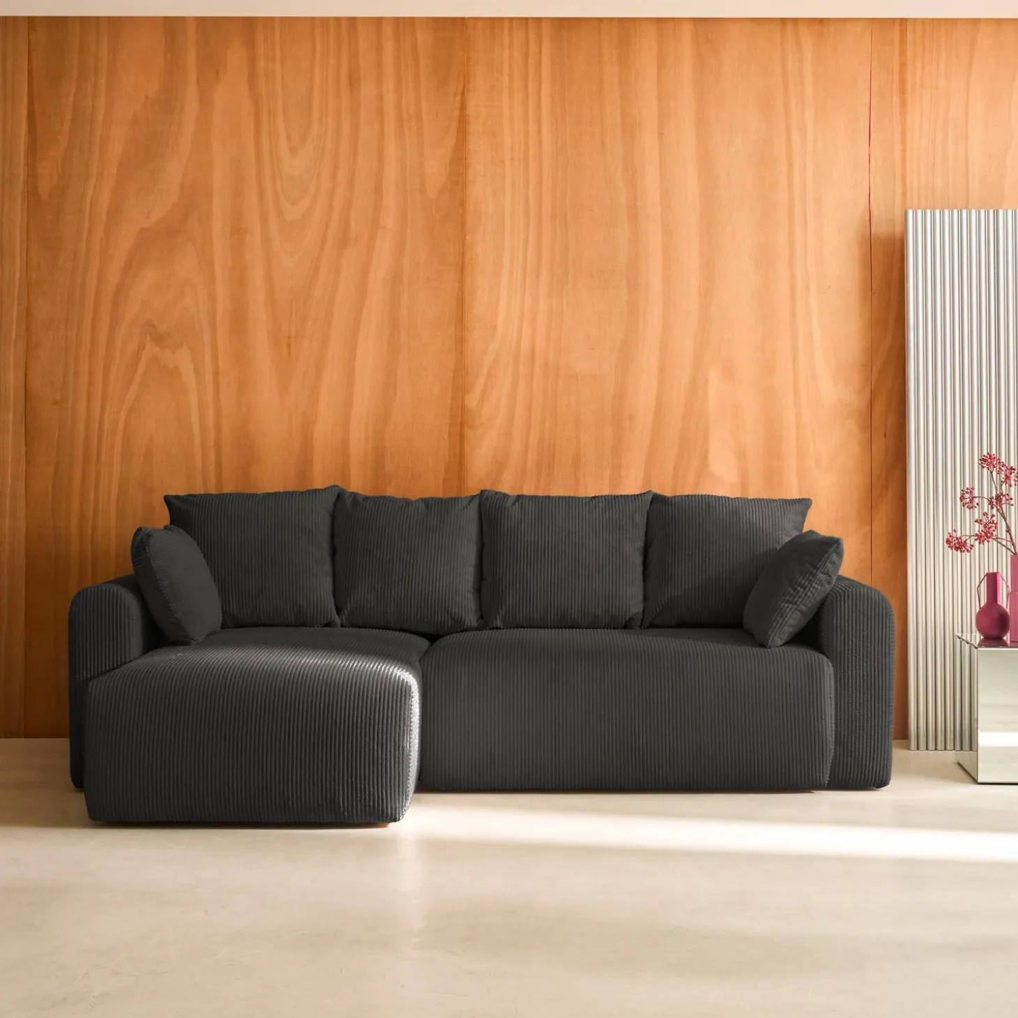3-Sitzer Ecksofa mit Schlaffunktion und Cordbezug, Recamiere beidseitig montierbar