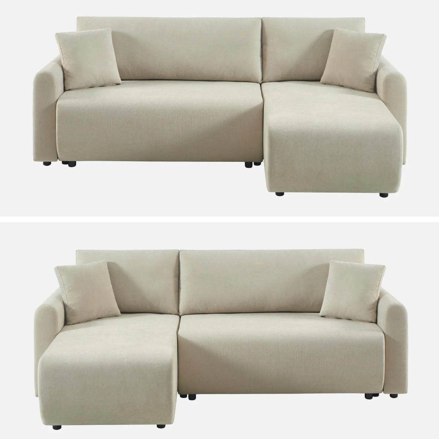 3-Sitzer Schlafsofa mit beidseitig montierbarer Recamiere, Stoffbezug und Stauraum