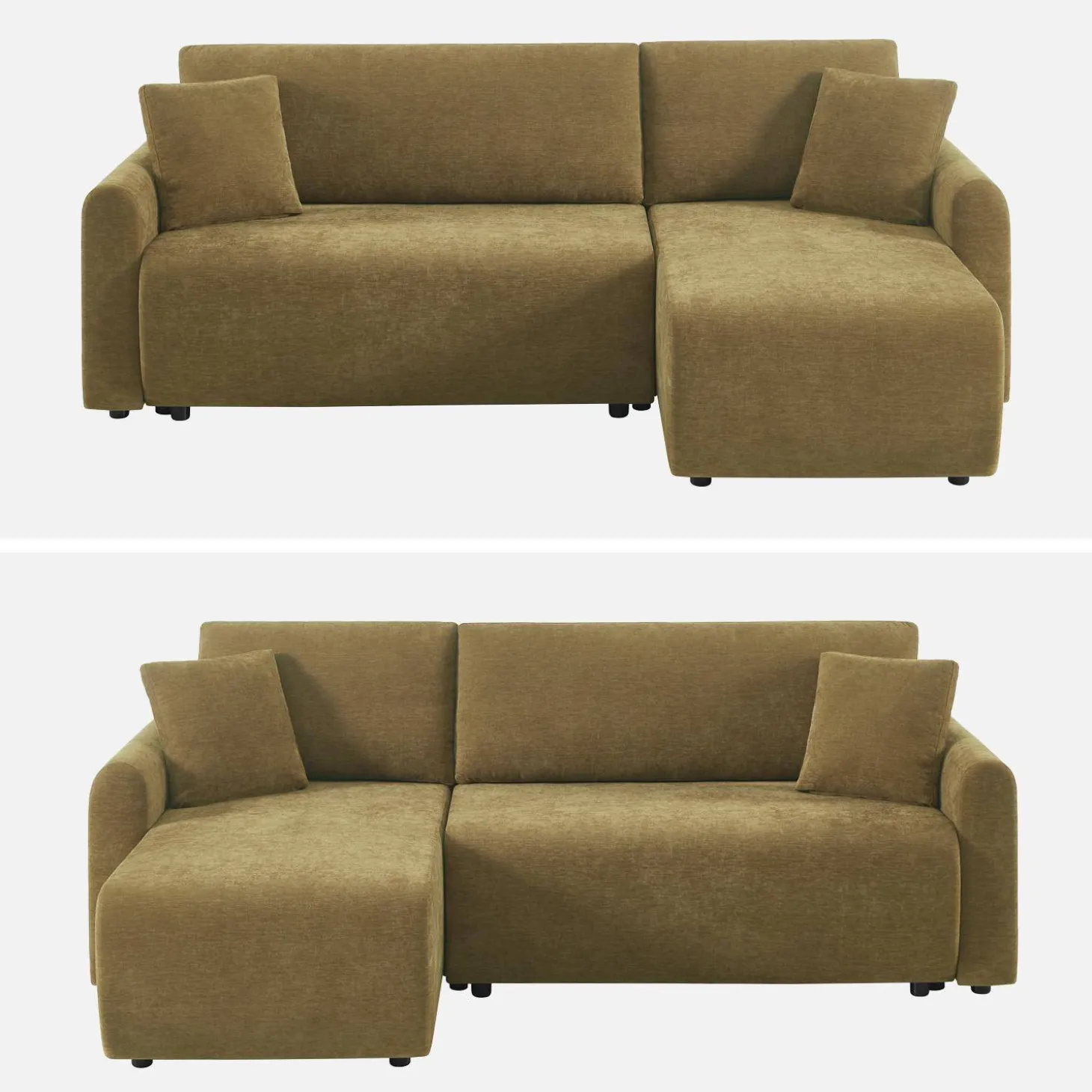 3-Sitzer Schlafsofa mit beidseitig montierbarer Recamiere, Stoffbezug und Stauraum