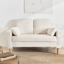 2-Sitzer-Sofa mit Bouclé Teddystoff und Holzbeinen