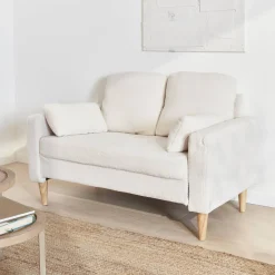 2-Sitzer-Sofa mit Bouclé Teddystoff und Holzbeinen