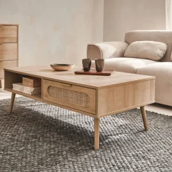 Skandinavischer Couchtisch mit abgerundetem Rattan-Geflecht, 1 Schublade