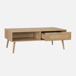 Skandinavischer Couchtisch mit abgerundetem Rattan-Geflecht, 1 Schublade