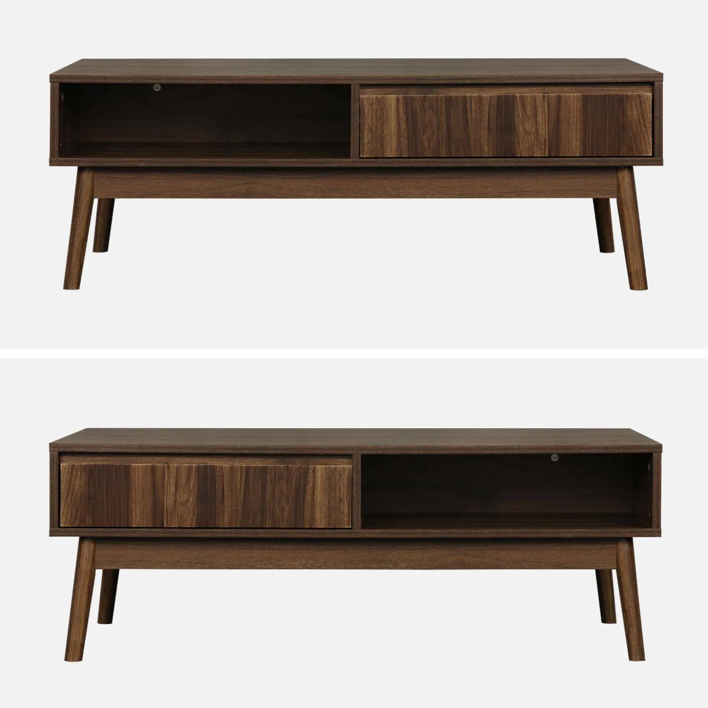 Skandinavischer Couchtisch mit geriffeltem Holzdekor, 2 Nischen, 1 Schublade