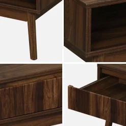 Skandinavischer Couchtisch mit geriffeltem Holzdekor, 2 Nischen, 1 Schublade