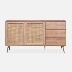 Skandinavisches Sideboard, Holzeffekt mit Rattangeflecht, 2 Türen, 150 cm