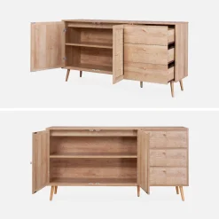 Skandinavisches Sideboard, Holzeffekt mit Rattangeflecht, 2 Türen, 150 cm