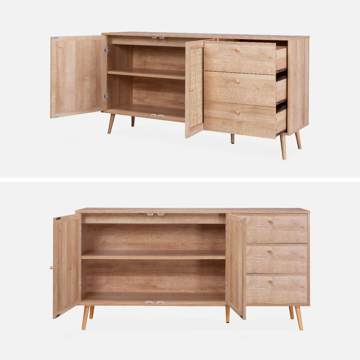 Skandinavisches Sideboard, Holzeffekt mit Rattangeflecht, 2 Türen, 150 cm