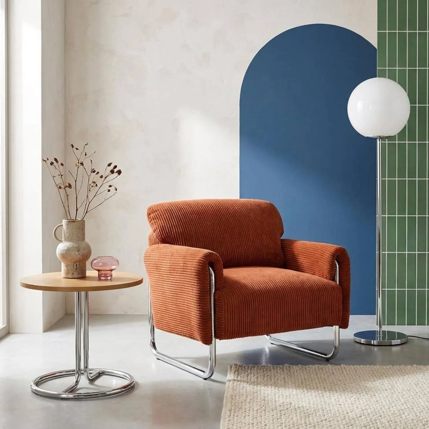Vintage-Sessel mit Cordbezug und verchromtem Gestell