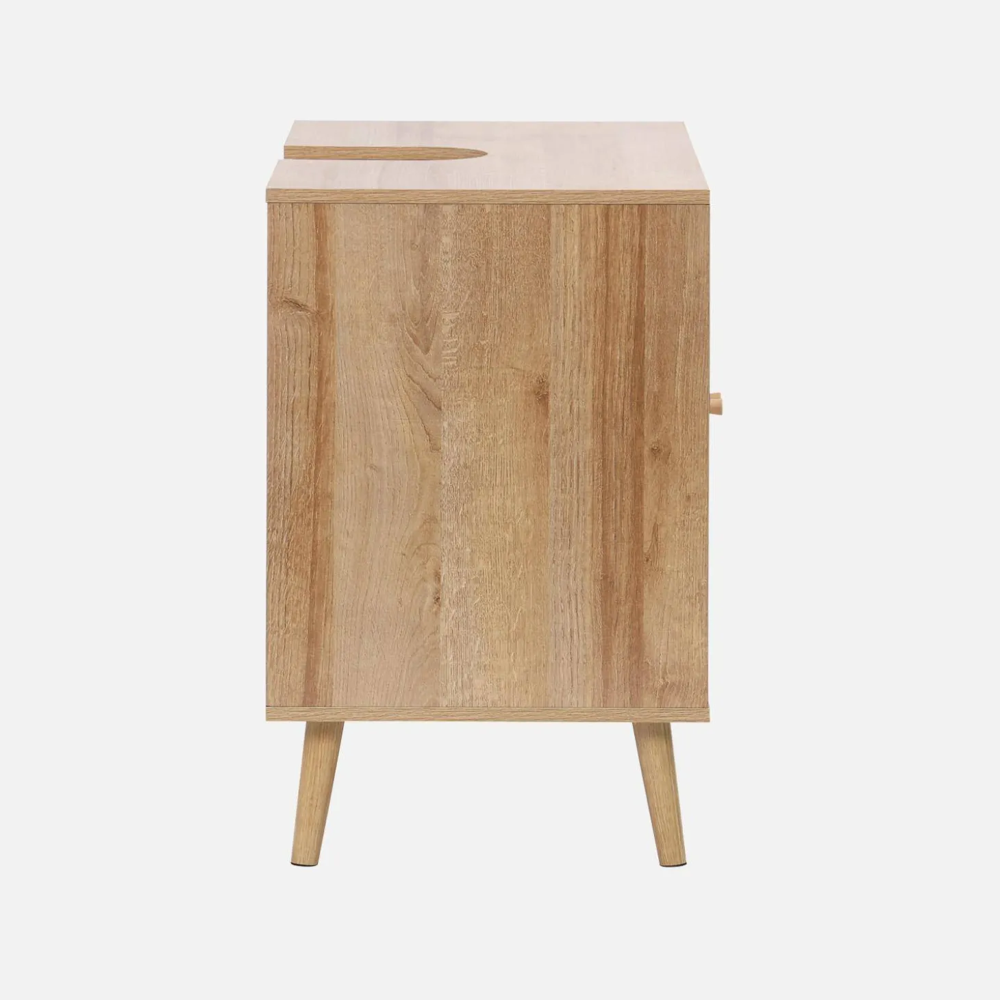 Waschtischuntergestell in Holzdekor und Rattan.