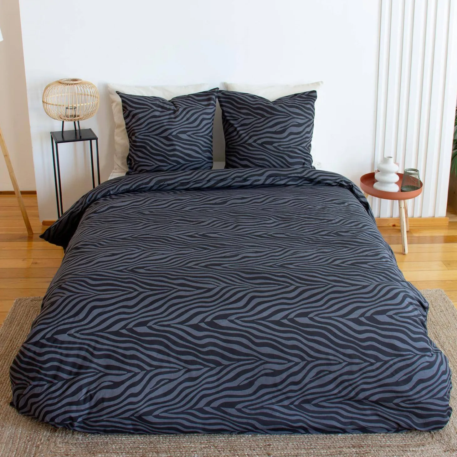 Wendebettwäsche aus Baumwolle mit Zebradruck, 2 Plätze, schwarz
