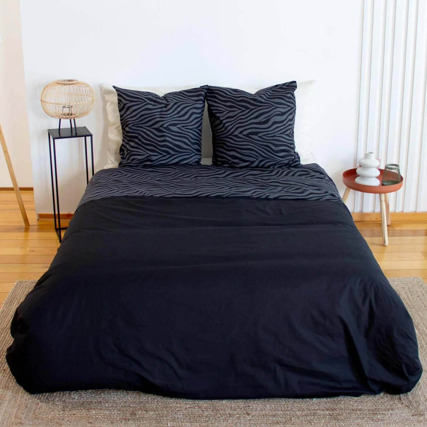 Wendebettwäsche aus Baumwolle mit Zebradruck, 2 Plätze, schwarz