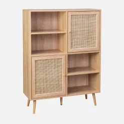 Anrichte mit Rattan-Geflecht und Holzdekor, 4 Türen
