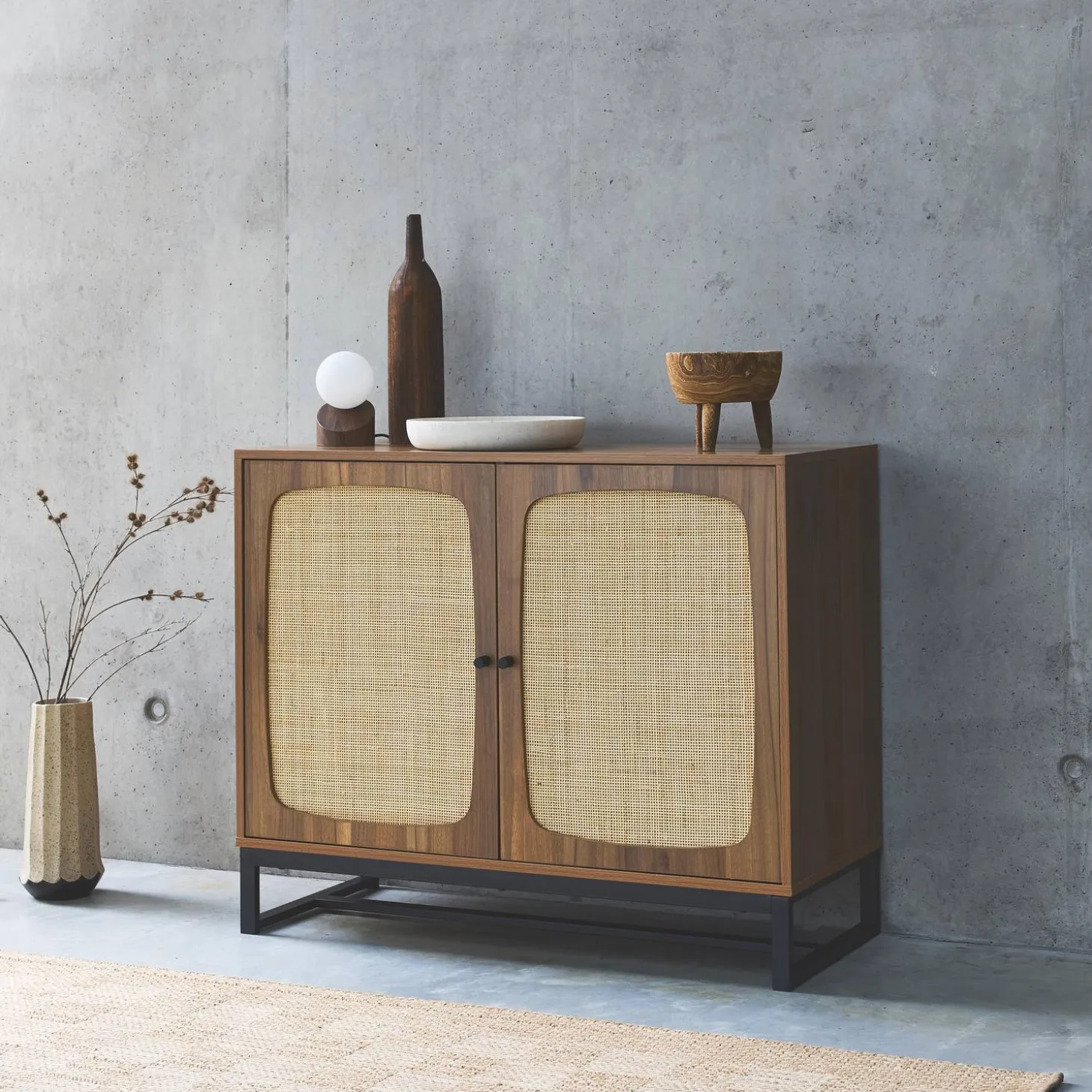 Anrichte mit Rattan-Geflecht und Holzdekor 2 Türen 100 cm
