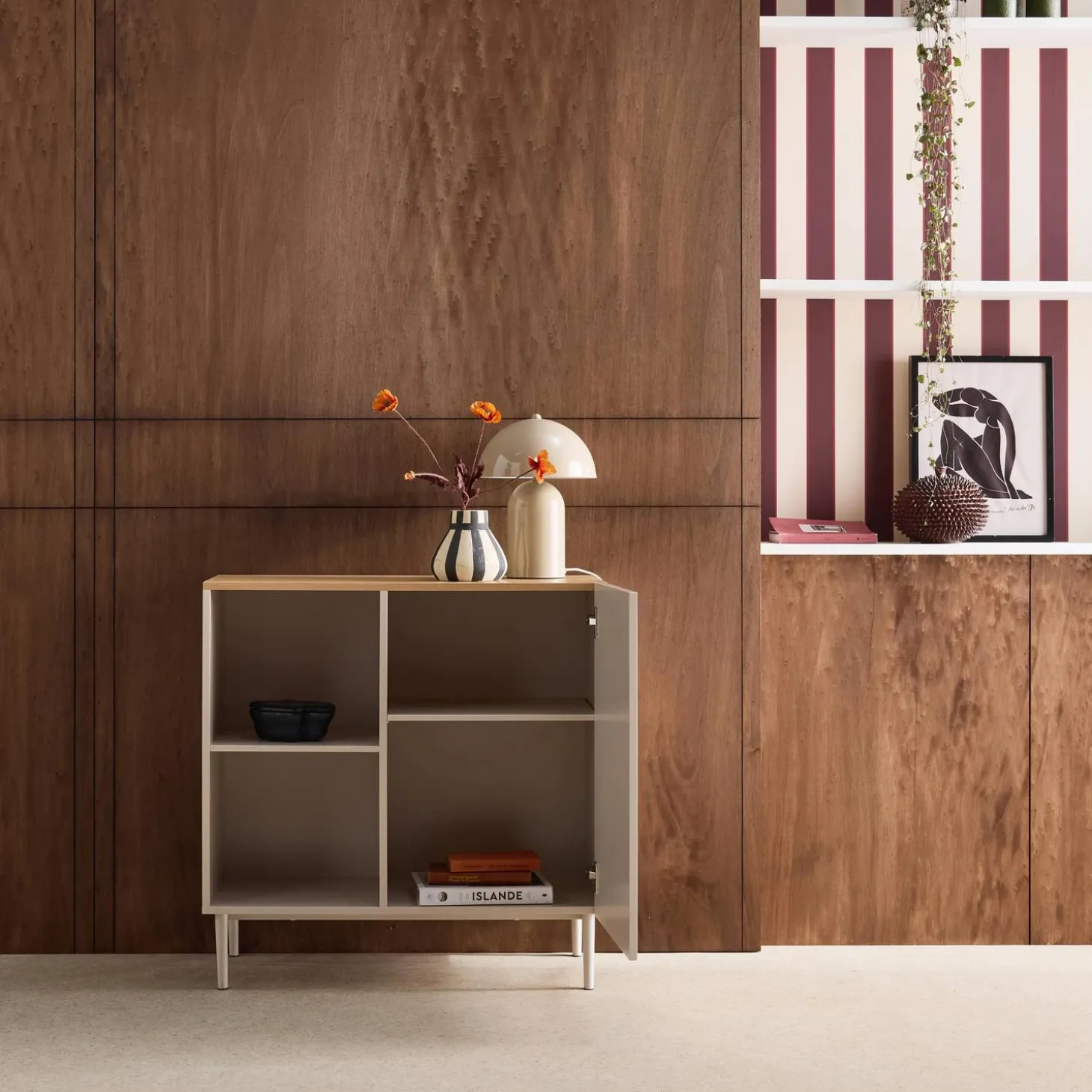 Anrichte, Sideboard aus Metall mit Holzdekor, 1 Tür B 80 cm