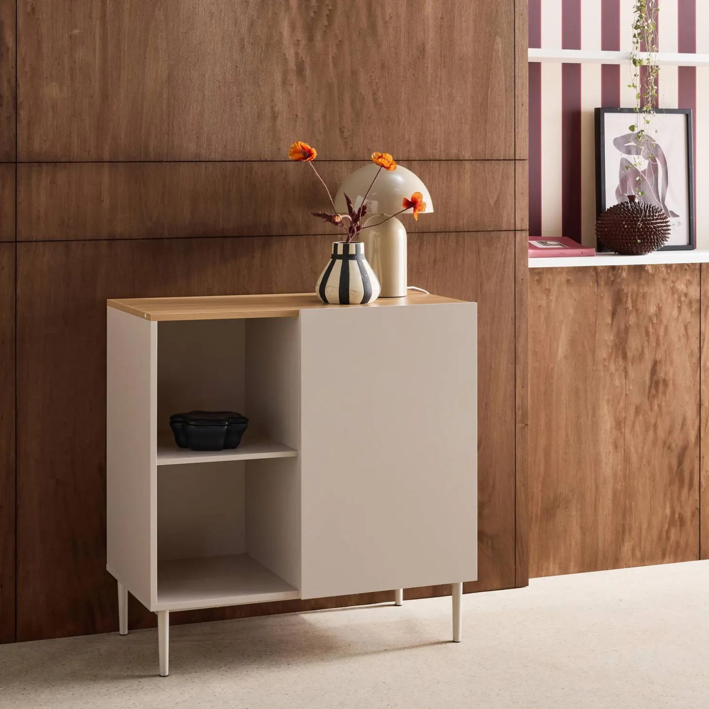 Anrichte, Sideboard aus Metall mit Holzdekor, 1 Tür B 80 cm