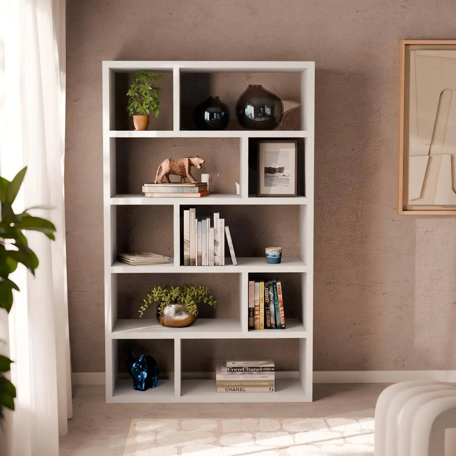 Asymmetrisches Bücherregal im Holzlook 5 Ebenen 10 Stauräume