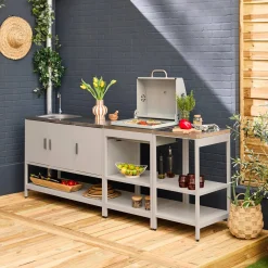 Außenküche aus Edelstahl mit Holzkohlegrill, Spüle und Regal, 3 Elemente