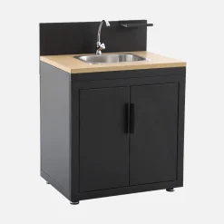 Außenküche aus Stahl und Holzdekor 1 Spüle 2 Türen 1 Haken B 80 cm