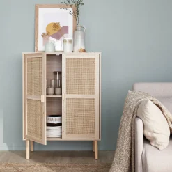 Aufbewahrungsschrank mit Holzoptik und Rattan-Geflecht, 2 Türen