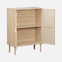 Aufbewahrungsschrank mit Holzoptik und Rattan-Geflecht, 2 Türen