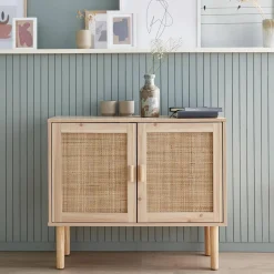 Aufbewahrungsschrank mit Rattan-Geflecht und Holzdekor 2 Türen 80 cm