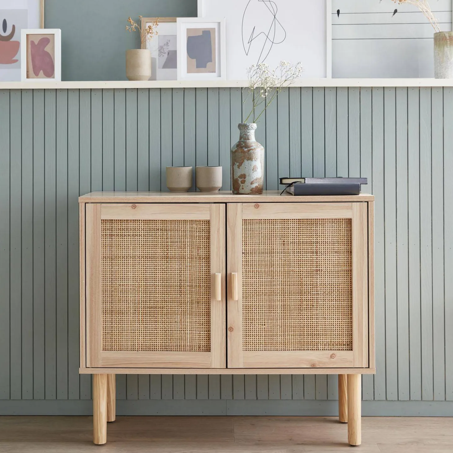Aufbewahrungsschrank mit Rattan-Geflecht und Holzdekor 2 Türen 80 cm
