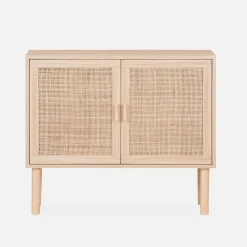 Aufbewahrungsschrank mit Rattan-Geflecht und Holzdekor 2 Türen 80 cm
