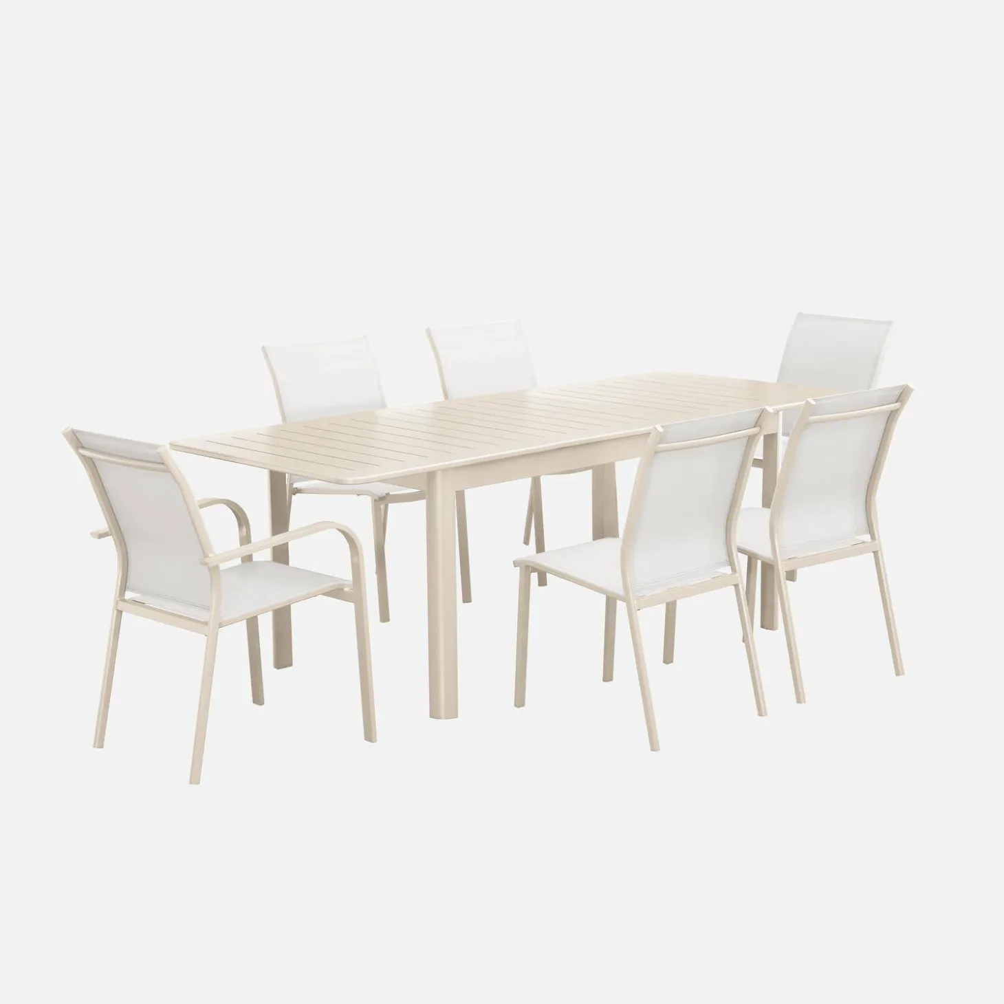 Ausziehbarer Gartentisch aus Aluminium, 4 Stühle, 2 Sessel
