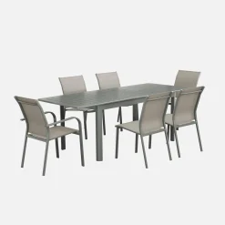 Ausziehbarer Gartentisch aus Aluminium, 4 Stühle, 2 Sessel
