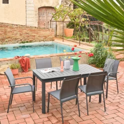 Ausziehbarer Gartentisch aus Aluminium, 4 Stühle, 2 Sessel