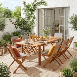 Ausziehbarer Gartentisch aus Eukalyptusholz + 8 Stühle