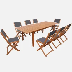Ausziehbarer Gartentisch aus Eukalyptusholz + 8 Stühle