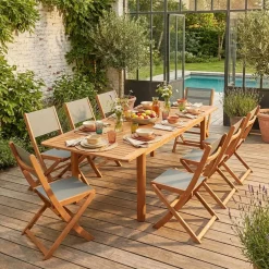Ausziehbarer Gartentisch aus Eukalyptusholz + 8 Stühle
