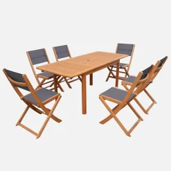 Ausziehbarer Gartentisch aus Eukalyptusholz + 6 Stühle