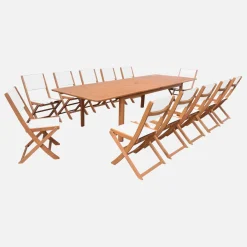 Ausziehbarer Gartentisch aus Eukalyptusholz + 12 Stühle