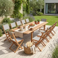 Ausziehbarer Gartentisch aus Eukalyptusholz + 12 Stühle