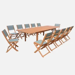 Ausziehbarer Gartentisch aus Eukalyptusholz + 12 Stühle