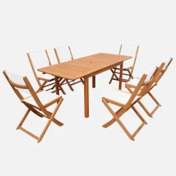 Ausziehbarer Gartentisch aus Eukalyptusholz + 6 Stühle