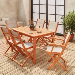 Ausziehbarer Gartentisch aus Holz , 6 Stühle