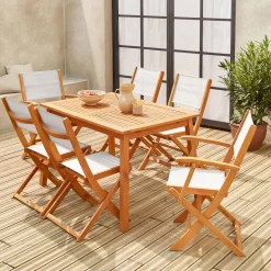 Ausziehbarer Gartentisch aus Holz , 6 Stühle